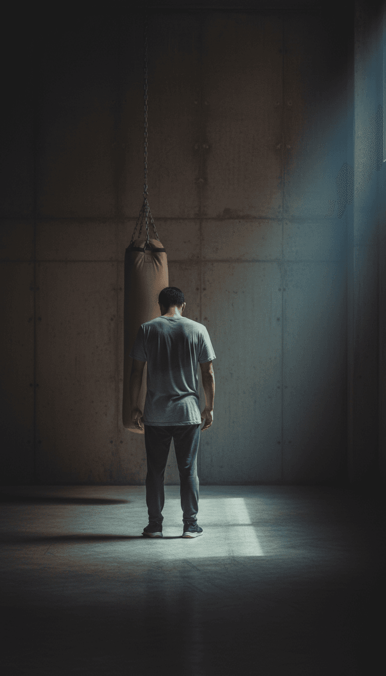Ein Athlet steht nach dem Training still in einem minimalistischen, dämmrigen Raum mit Betonboden und einem Boxsack im Hintergrund