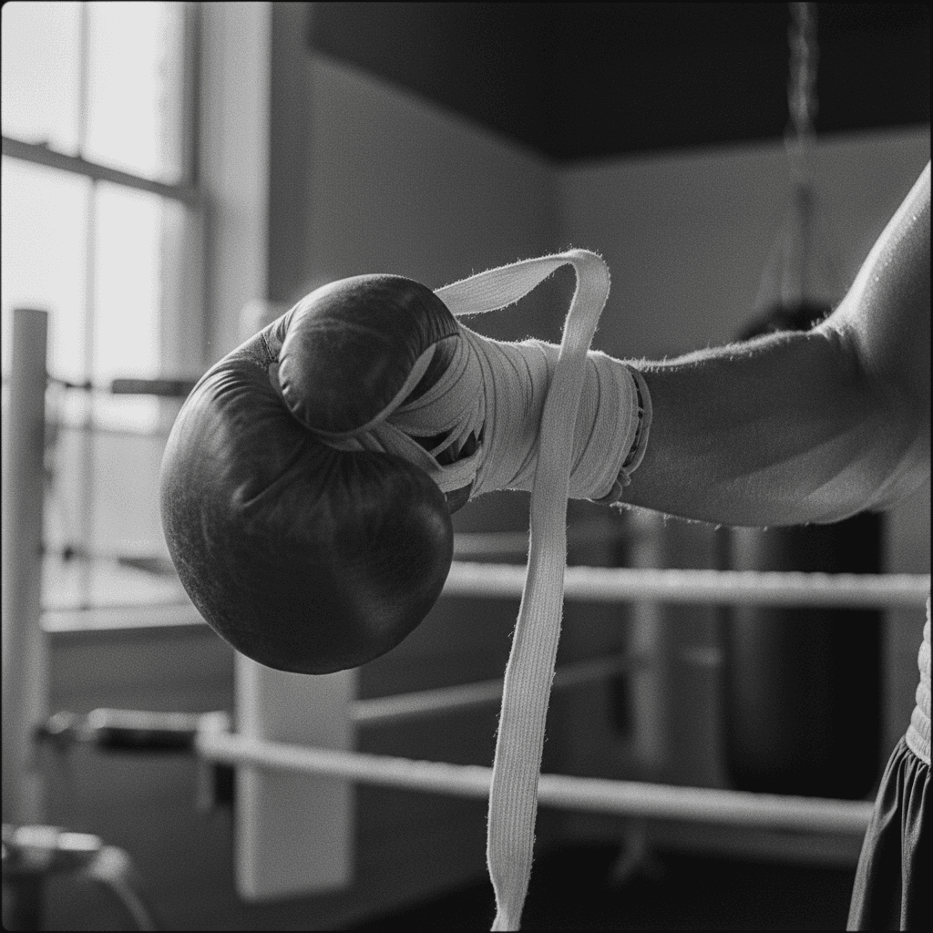Abgenutzte Boxhandschuhe an einem Haken